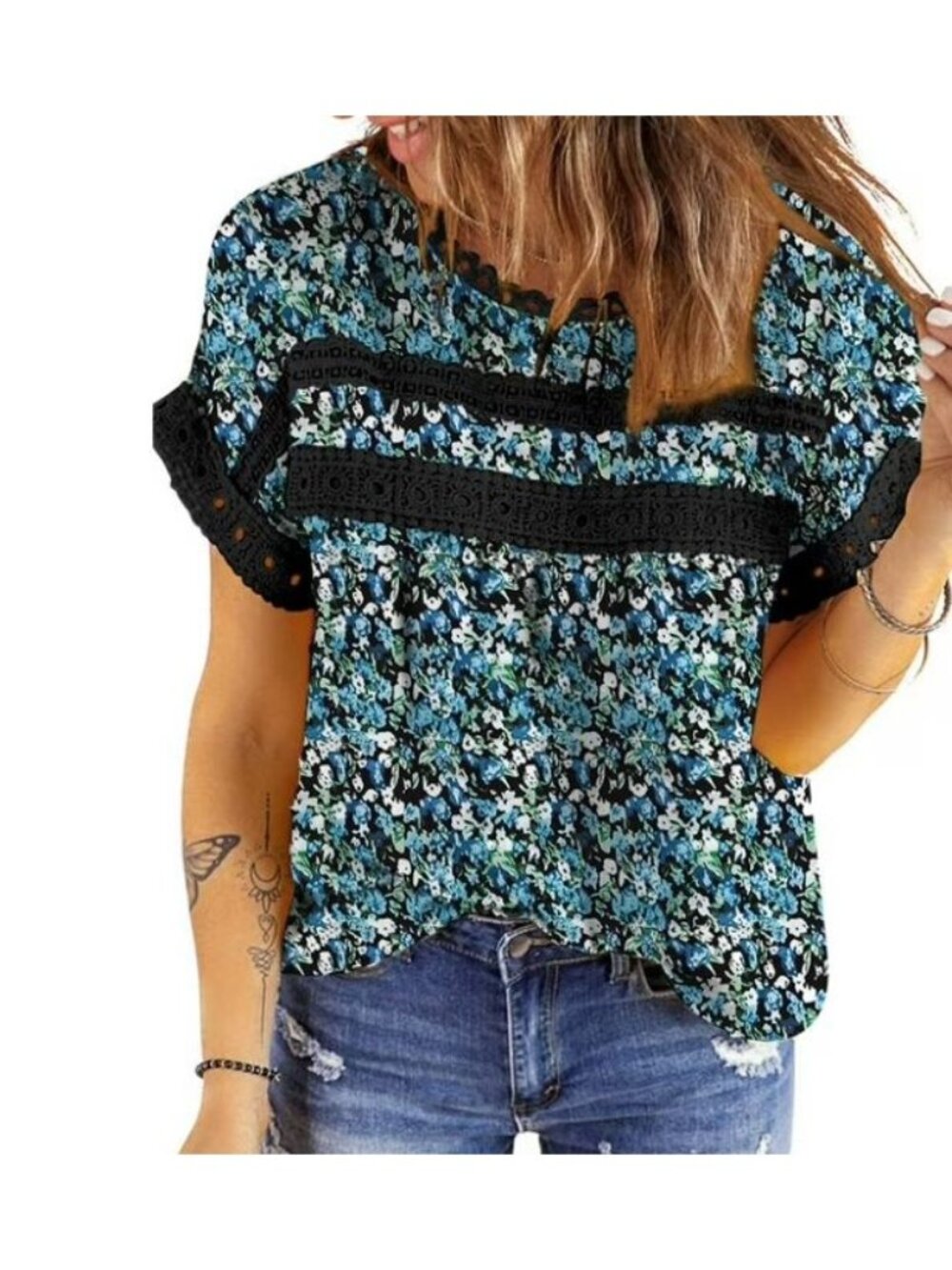 UVN Lace Crochet Chiffon Blouse Small Short Sleeve Crewneck Dressy Top